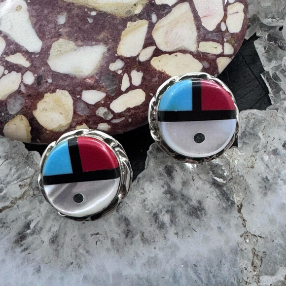 Native American Zuni Sterling Silver Sunface Stud Earrings For Women - Picture 1 of 10